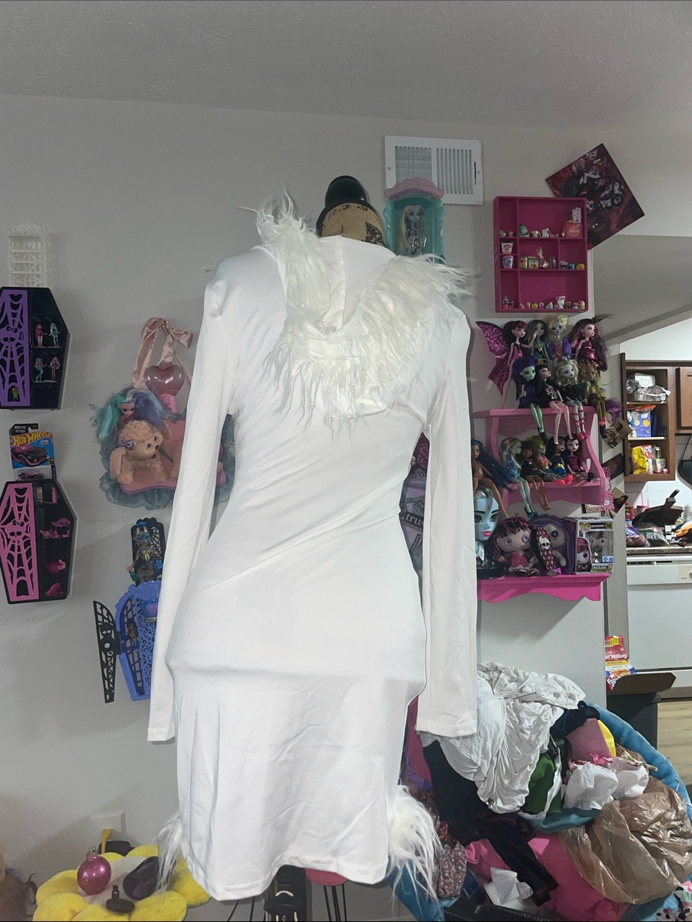 White Faux-Fur Trim Lace-Up Hooded Dress - Picture 4 of 4